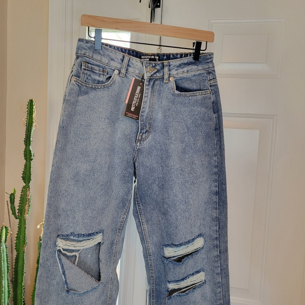 Pretty Little Thing Distressed Wide Leg Boyfriend Jeans, Size 8 100% Cotton - Picture 2 of 9